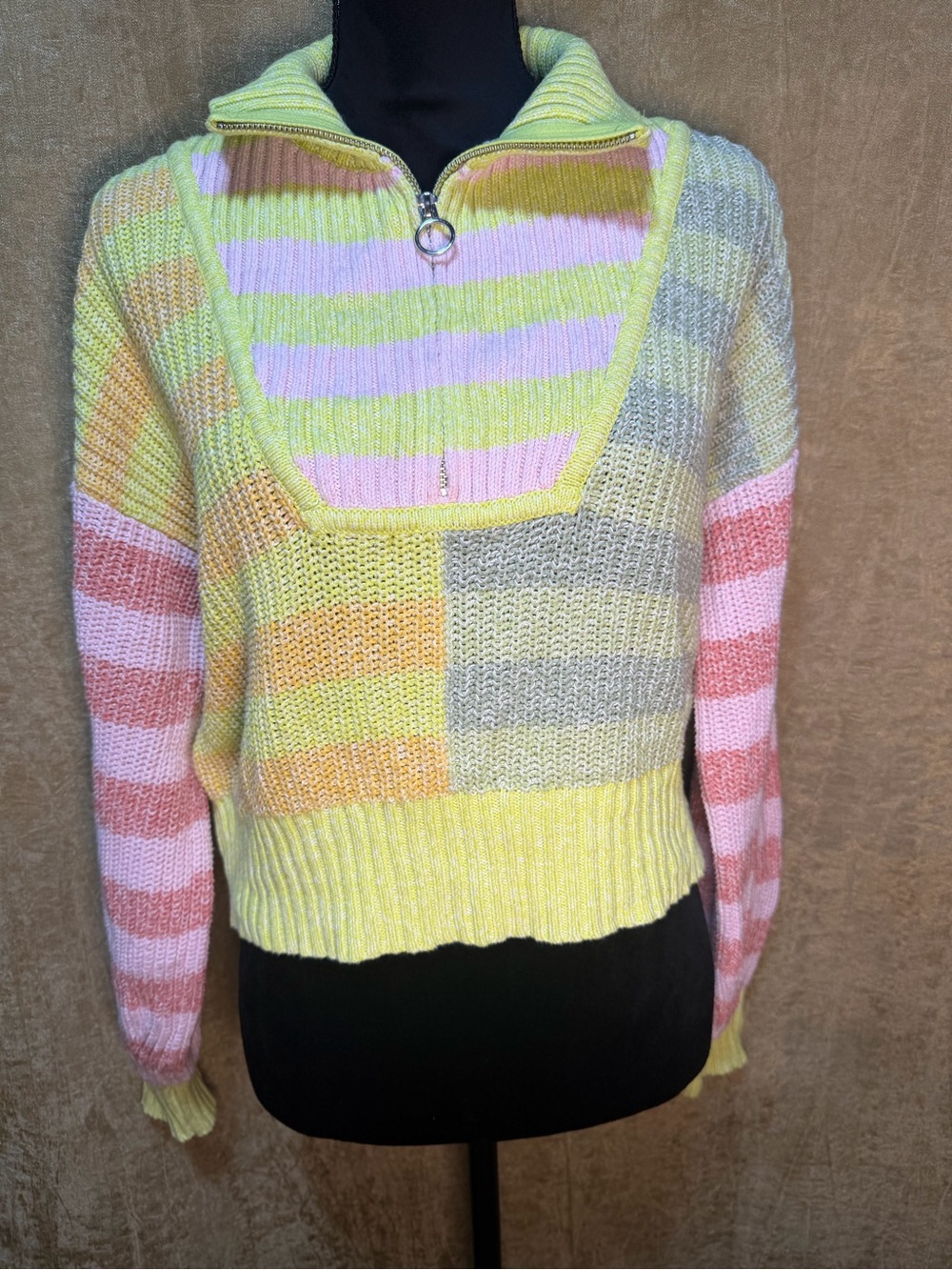 Sincerely Jules Cropped Pastel Color Block Half-Zip Sweater XL